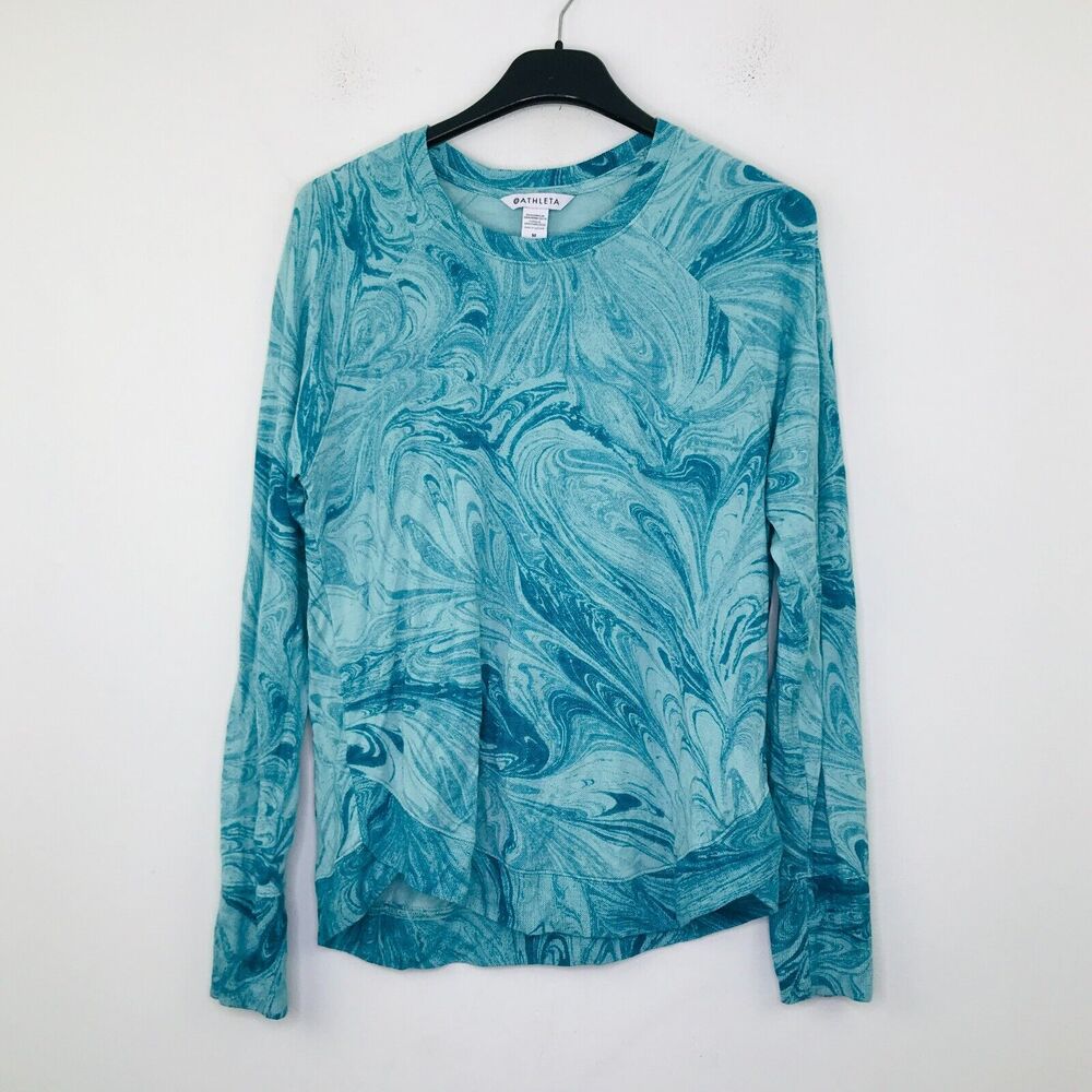 Athleta Women's Medium Sweatshirt Blue Marble Print Mindset Raglan Pullover CN4
